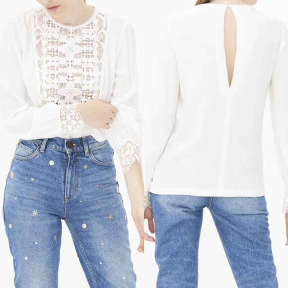 Sandro Tops - Sandro Paris Casey Lace Crepe Top Blouse Tunic Ecru Creme White Sz 2